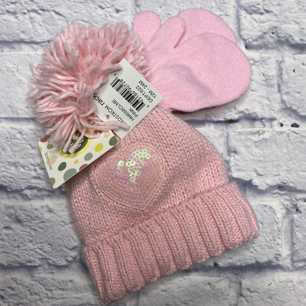 Little Me Sequin Heart Pom Pom Hat and Mitten Set in Pink